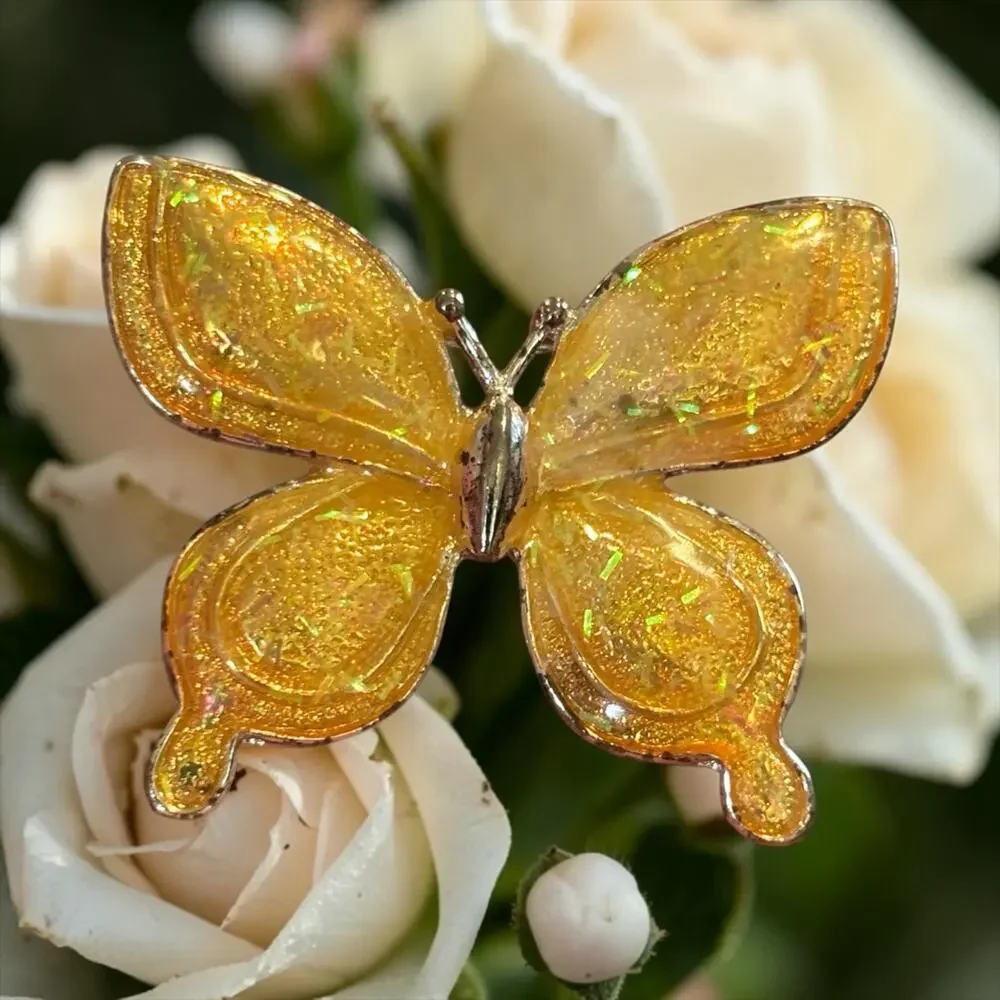 Vintage Glitter Lucite Butterfly Brooch Golden Amber Confetti Resin Pin
